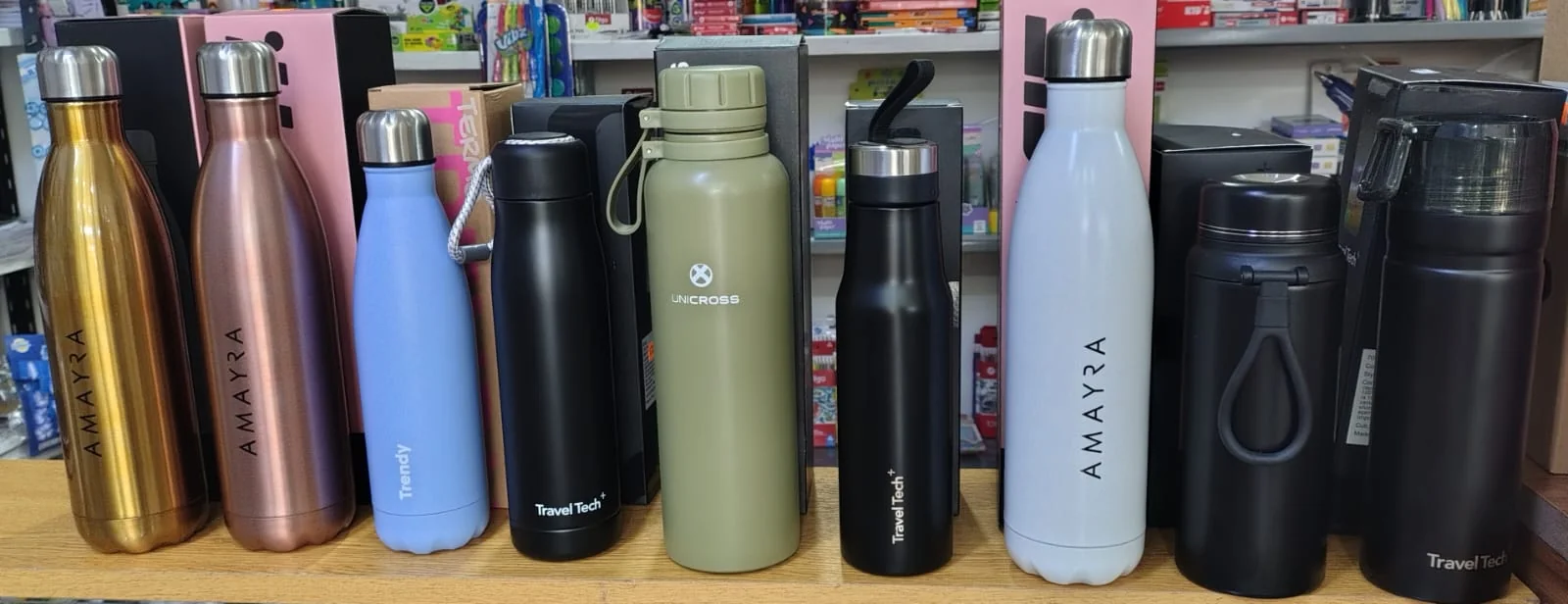 Línea de termos de acero y botellas térmicas en colores pastel